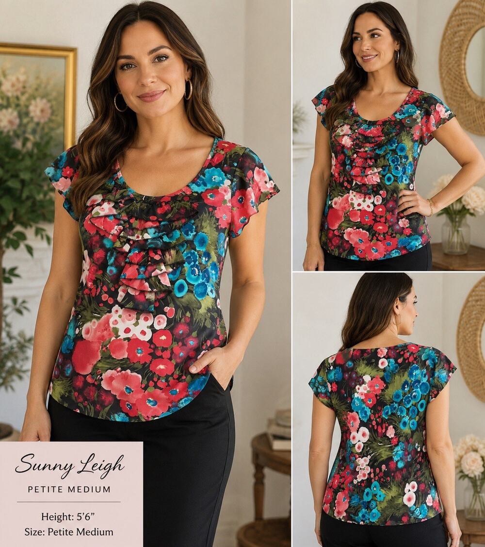 Sunny Leigh SZ PM Womens Multicolor Short Cap Sleeve Ruffle Summer Top EUC Boho